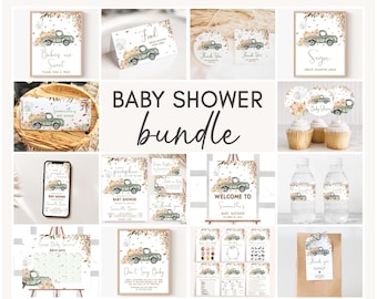 May include: A collection of baby shower stationery items featuring a vintage green truck carrying pumpkins. The bundle includes signs, tags, cupcake toppers, and water bottle labels. The text includes "Babies are Sweet", "Food", and "Baby Shower".