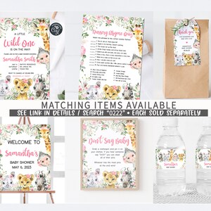 May include: A set of printable baby shower decorations featuring a jungle animal theme. The set includes a welcome sign, a game card, a favour bag, and water bottle labels. The decorations are in a pink and green colour scheme with illustrations of a giraffe, zebra, lion, and monkey.