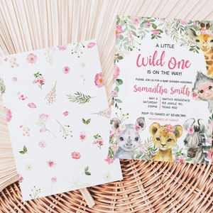 May include: A baby shower invitation featuring a pink and green floral design. The invitation reads "A Little Wild One is on the Way!" and includes the name "Samantha Smith".