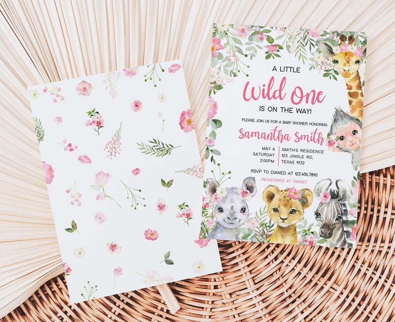 May include: A baby shower invitation featuring a pink and green floral design. The invitation reads "A Little Wild One is on the Way!" and includes the name "Samantha Smith".