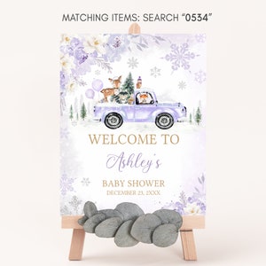 Edytowalny Fioletowy Zimowy Las Baby Shower Powitalny Znak, Dziewczęcy Las Zimowy Baby Shower Powitalny Plakat, Dziewczęce Dziecko Jest Zimno Na Zewnątrz, 0534 zdjęcie 3