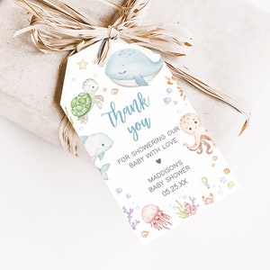 Editable Under The Sea Baby Shower Favor Tag, Neutral Nautical Baby Shower Gift Tag, Sea Creatures Ocean Baby Shower Thank You Tags, 0716 image 3