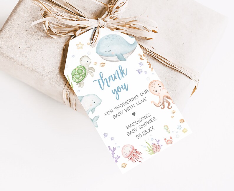 Editable Under The Sea Baby Shower Favor Tag, Neutral Nautical Baby Shower Gift Tag, Sea Creatures Ocean Baby Shower Thank You Tags, 0716 image 3