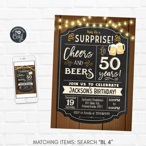 50th Cheers and Beers Birthday Party Invitation, Cheers and Beers to 30 Years, 40 Years, 50 Years, Chalkboard Wood, Adult Invite, BL 4