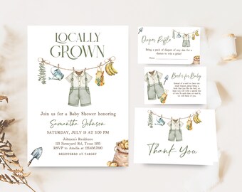 Editable Locally Grown Baby Shower Invitation Bundle, Farmers Market Baby Shower Invite Set, Homegrown Fruit Veggies Boho Baby Shower, 01081