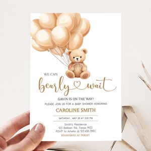Bewerkbare babyshower uitnodiging bruine beer, teddybeer ballon babyshower uitnodiging, sjabloon babyshower babyshower, we Can Bearly Wait, 0665 afbeelding 1