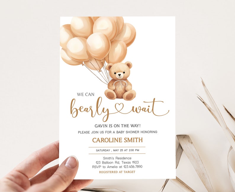 Bewerkbare babyshower uitnodiging bruine beer, teddybeer ballon babyshower uitnodiging, sjabloon babyshower babyshower, we Can Bearly Wait, 0665 afbeelding 1