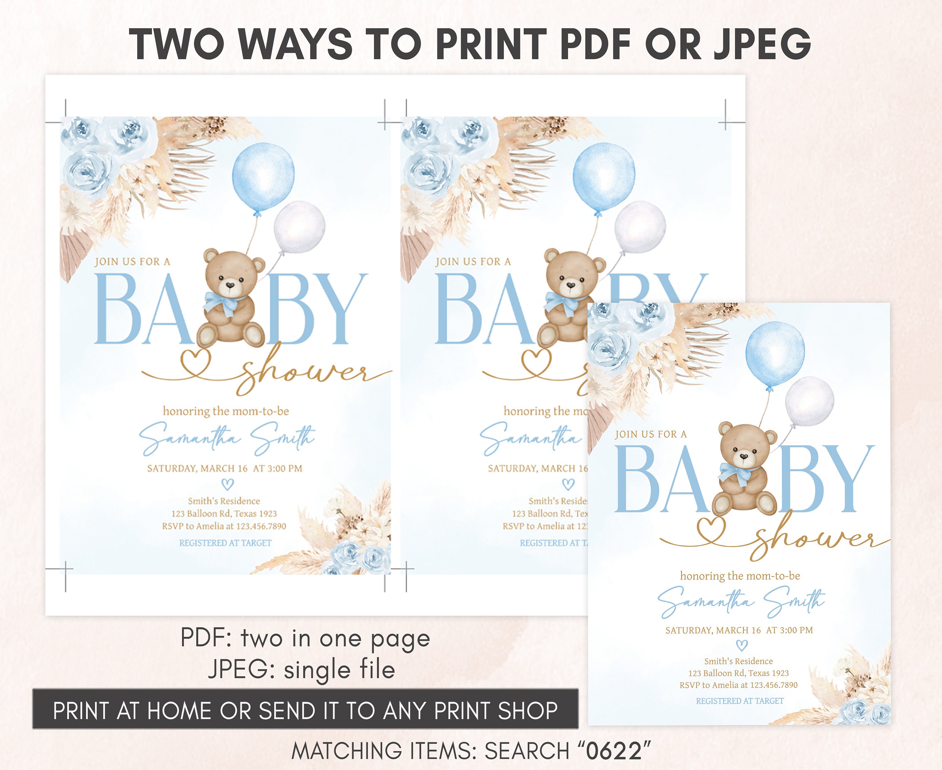 Editable Blue Pampas Grass Boy Boho Bear Baby Shower Invitation, We Can ...