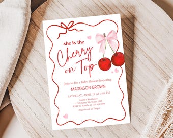 Bearbeitbare Kirsche Babypartyeinladung, Kirsche auf rosa Bogen-Babyparty-Einladung, Kokette Kirsche Minimale Mädchen-Babyparty-Einladung, 01033