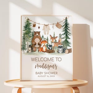 Cartello di benvenuto modificabile per baby shower nel bosco, poster di benvenuto per baby shower nel bosco "Avventura ti aspetta", cartello con stendibiancheria con animali del bosco, 01095