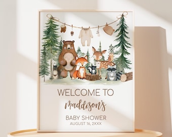 Bearbeitbares Waldtier-Wäscheleine-Zeichen, Waldtier-Wäscheleine-Zeichen, Abenteuer erwartet Waldbabyparty-Willkommensschild, 01095