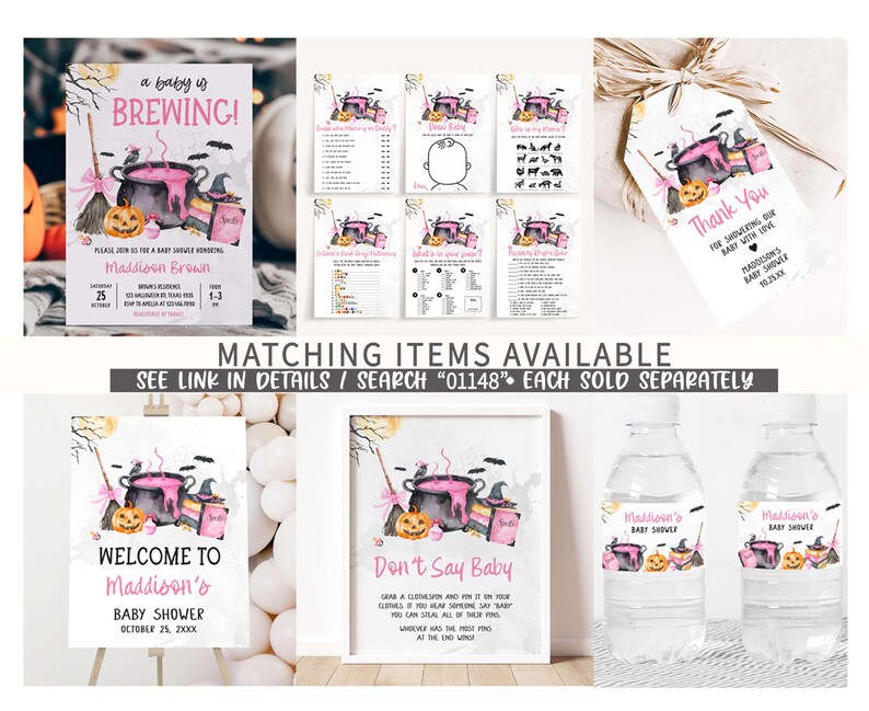 The image is a collage of various Halloween-themed items, including a baby shower invitation, a thank you card, and a set of matching items available for purchase.