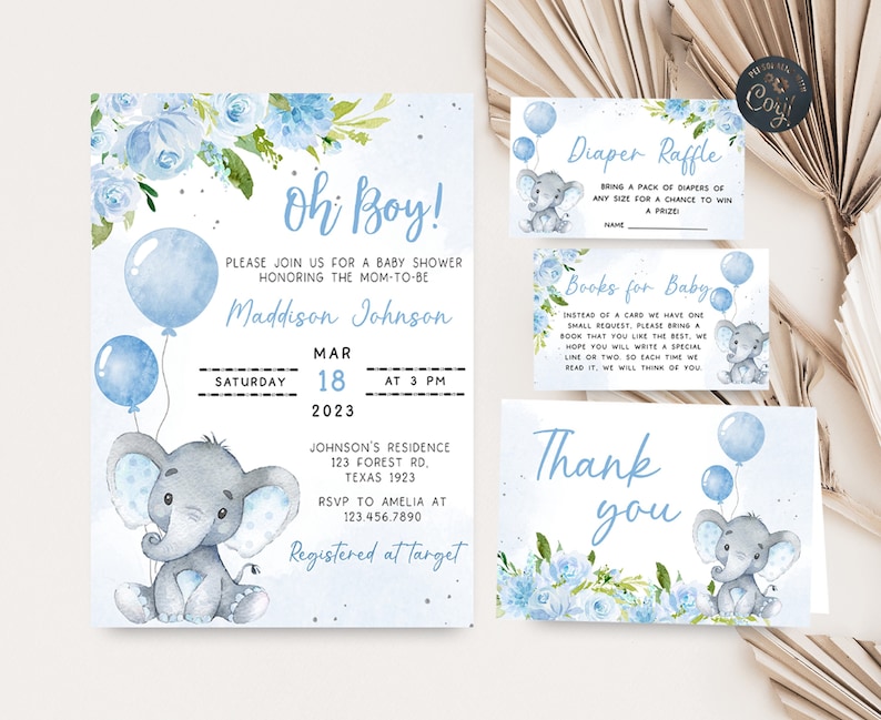 May include: Blue and gray baby shower invitation with an elephant holding balloons. The invitation says "Oh Boy!" and includes the date, time, and location of the shower. It also says "Registered at Target".