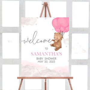 Editable Pink Balloon Bear Baby Shower Welcome Sign, We Can Bearly Wait Boho Baby Shower Welcome Poster, Brown Bear Girl Baby Shower, 0249 image 1