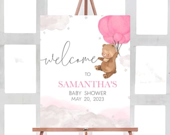 Editable Pink Balloon Bear Baby Shower Welcome Sign, We Can Bearly Wait Boho Baby Shower Welcome Poster, Brown Bear Girl Baby Shower, 0249