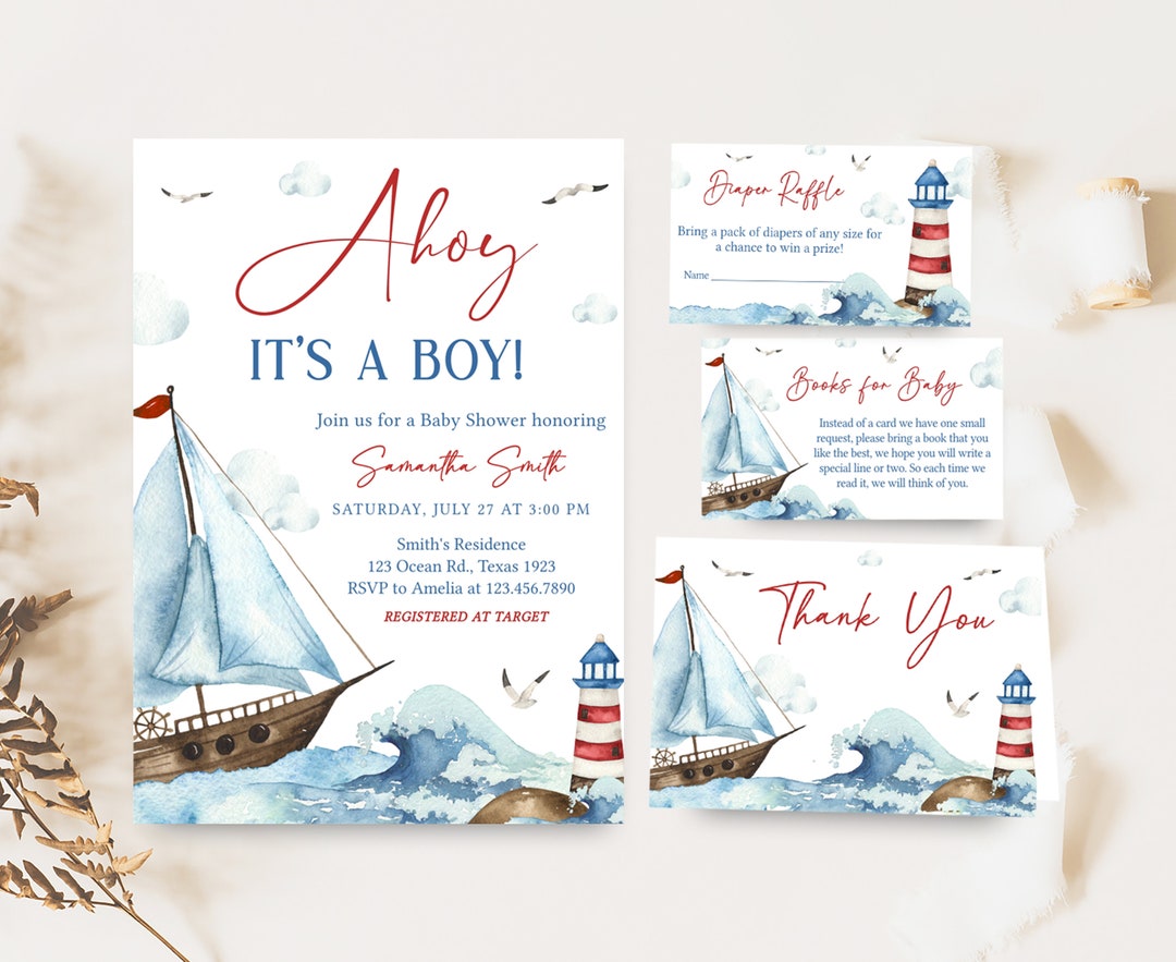 Editable Nautical Baby Shower Invitation Bundle, Ahoy It's A Boy Baby ...