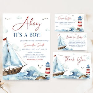Editable Nautical Baby Shower Invitation Bundle, Ahoy It&#39;s A Boy Baby Shower Invite Set, Blue Boat Nautical, Boy Baby Shower Invitation 0781