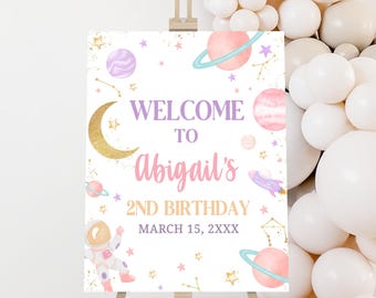 Editable Two the Moon Space Birthday Welcome Sign, Girl 2nd Birthday Outer Space Welcome Poster, Astronaut Second Birthday Party Sign, 46BD