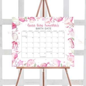 Bearbeitbar Unter dem Meer Babypartykalender, Ozean-Babyparty-Fälligkeitskalender, Meerestiere Thema Rosa Nautische druckbare Vorlage 0265
