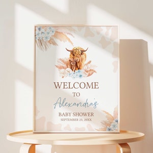 Bearbeitbares Boho Highland Cow Babyparty Willkommensschild, Blaues Heilige Kuh Babyparty Willkommensplakat, Junge Highland Cow Boho Babypartyschild, 0505