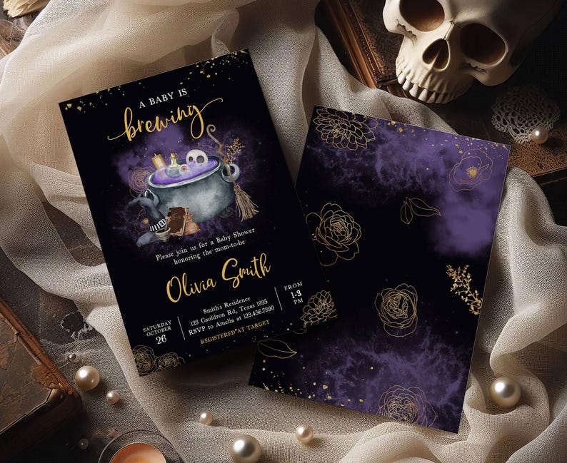 Gold Gothic Baby is Brewing Invite