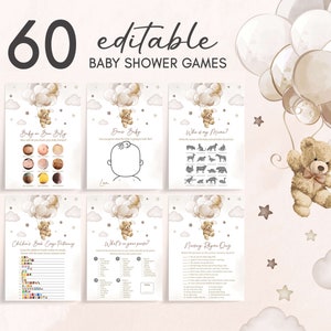 Paquete editable de juegos de baby shower de oso neutro de género, paquete de juegos de baby shower de We Can Bearly Wait, juegos de baby shower de globo de oso boho, 0606 imagen 1