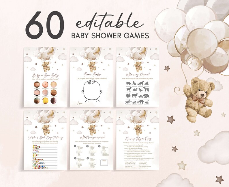 Paquete editable de juegos de baby shower de oso neutro de género, paquete de juegos de baby shower de We Can Bearly Wait, juegos de baby shower de globo de oso boho, 0606 imagen 1