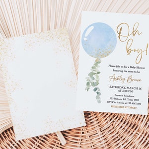 Editable Boy Blue Balloon Baby Shower Invitation, Balloon Oh Boy Baby Shower Invite, Boy Eucalyptus Greenery Baby Shower Invitation, 0610 image 2