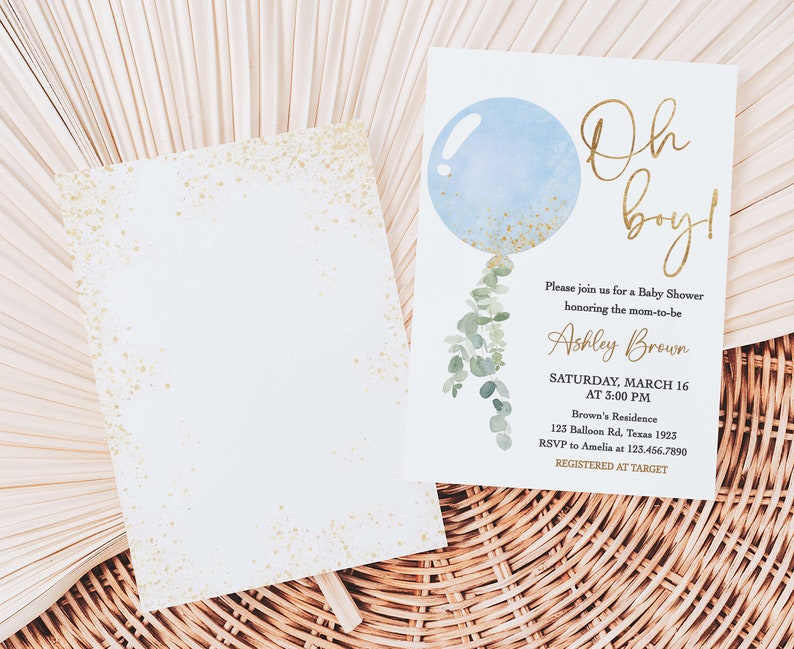 Editable Boy Blue Balloon Baby Shower Invitation, Balloon Oh Boy Baby Shower Invite, Boy Eucalyptus Greenery Baby Shower Invitation, 0610 image 2