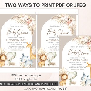May include: Two printable baby shower invitations with a neutral colour palette. The invitations feature a watercolour illustration of a giraffe, elephant, lion, and rhinoceros with pampas grass and floral accents. The text on the invitations reads "Please join us for a Baby Shower honouring the mom-to-be Alexandra Smith".