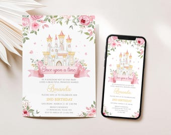 Editable Pink Floral Castle Princess Birthday Invitation, Once Upon a Time Party Invite, Royal Princess 2nd Birthday Party Invitation, 112BD