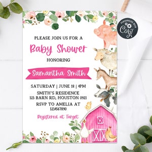 Editable Girl Farm Animals Baby Shower Invitation, Pink Farm Baby Shower Invite, Girl Baby Shower Floral Barnyard, Printable Template 0191