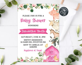 Op de afbeelding: Roze en groene baby shower uitnodiging met een aquarel illustratie van boerderijdieren, een roze schuur en bloemen. De tekst luidt: "U bent van harte welkom voor een baby shower ter ere van Samantha Smith. Zaterdag 18 juni, 16:00 uur. Smith's Residence, 123 Barn Rd, Houston 0921. RSVP naar Amelia op 1234567890. Geregistreerd bij Target."