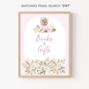 Urso para chá de bebê, livros e presentes, sinal rosa, ursinho de pelúcia, presentes para chá de bebê, boho, decoração de chá de bebê, menina, modelo para impressão 0197