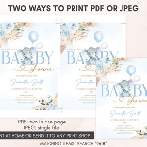 Editable Boho Elephant Baby Shower Invitation, Boy Blue Elephant Baby Shower Invite, Blue Floral Pampas Grass Boy Baby Shower Invite, 0618 image 3