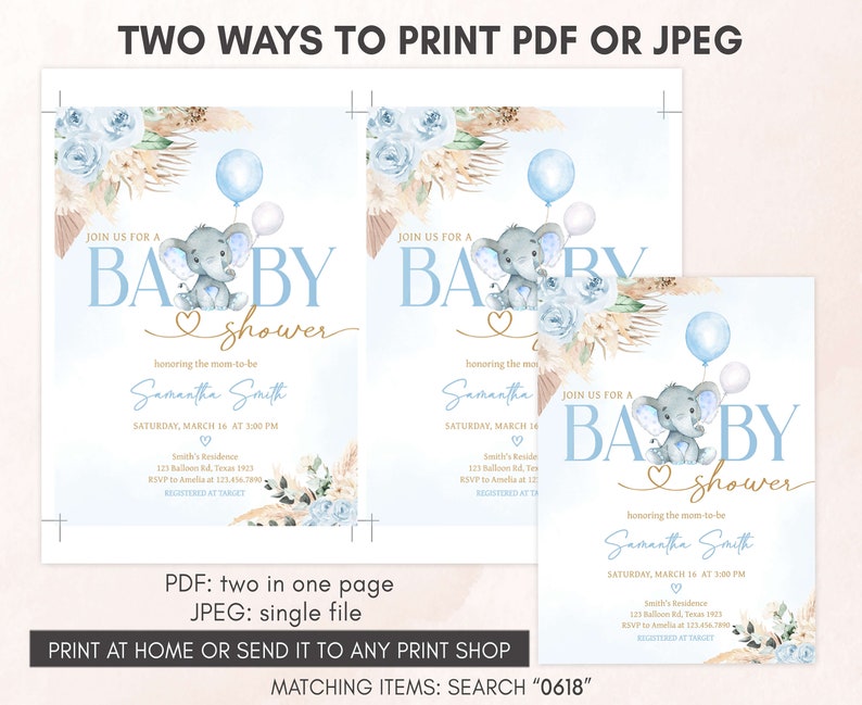 Editable Boho Elephant Baby Shower Invitation, Boy Blue Elephant Baby Shower Invite, Blue Floral Pampas Grass Boy Baby Shower Invite, 0618 image 3