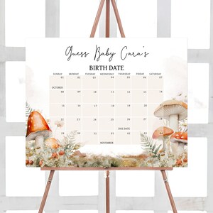 Bearbeitbarer Pilz-Babyparty-Fälligkeitsdatumskalender, Cottage Core-Pilz-Babypartykalender, kleiner Pilz-Herbst-Babypartyspiel, 0843