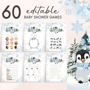Paquete editable de juegos de baby shower de pingüino de invierno, paquete de juegos de baby shower de pingüino niño, conjunto de juegos de baby shower de bebé azul hace frío afuera, 0559 imagen 1
