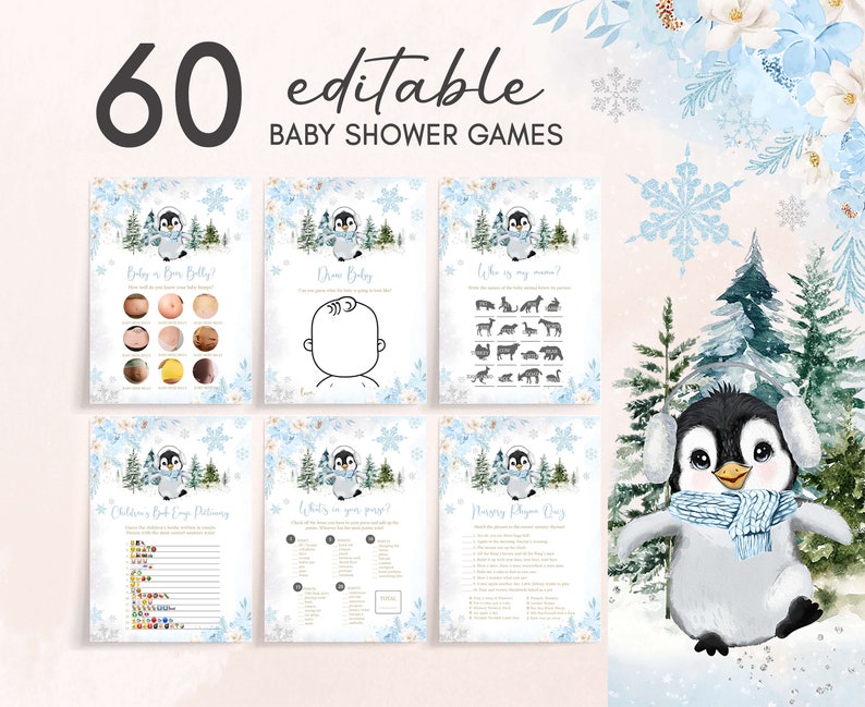 Paquete editable de juegos de baby shower de pingüino de invierno, paquete de juegos de baby shower de pingüino niño, conjunto de juegos de baby shower de bebé azul hace frío afuera, 0559 imagen 1