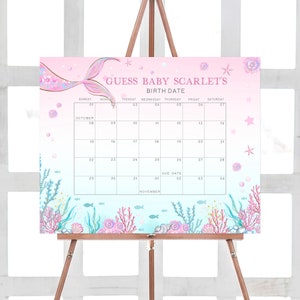Bearbeitbarer Meerjungfrau-Babyparty-Fälligkeitskalender Unter dem Meer Mädchen-Babypartykalender Pink-Lila Meerjungfrau-Geburtstagsvorhersagen-Spiel 0268