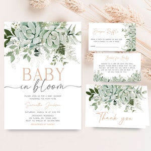 Editable Baby in Bloom Baby Shower Invitation Bundle, Succulent Gender Neutral Baby Shower Invite Set, Succulents Greenery Baby Shower, 0681 image 1