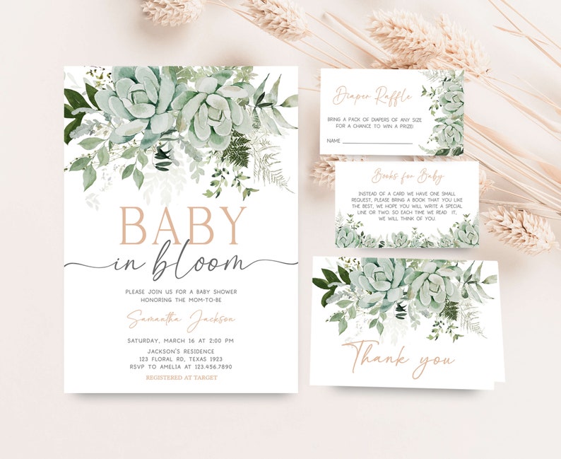 Editable Baby in Bloom Baby Shower Invitation Bundle, Succulent Gender Neutral Baby Shower Invite Set, Succulents Greenery Baby Shower, 0681 image 1