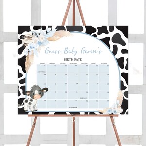 Editable Boy Holy Cow Baby Shower Due Date Calendar, Blue Highland Cow Baby Shower Calendar, Boho Farm Baby Shower Birthday Prediction, 0663 image 1