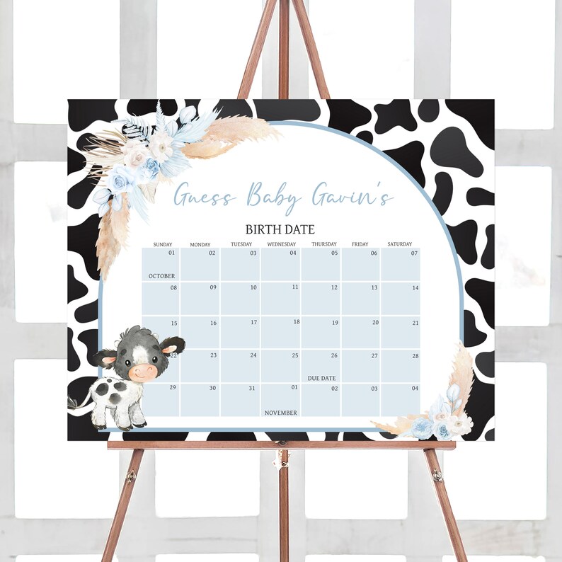 Editable Boy Holy Cow Baby Shower Due Date Calendar, Blue Highland Cow Baby Shower Calendar, Boho Farm Baby Shower Birthday Prediction, 0663 image 1