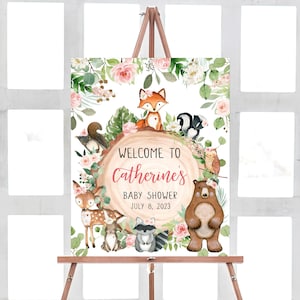Cartello di benvenuto per ragazza modificabile nel bosco, Baby Shower, poster di benvenuto per animali della foresta floreale, cartello per animali del bosco floreale rustico 0403