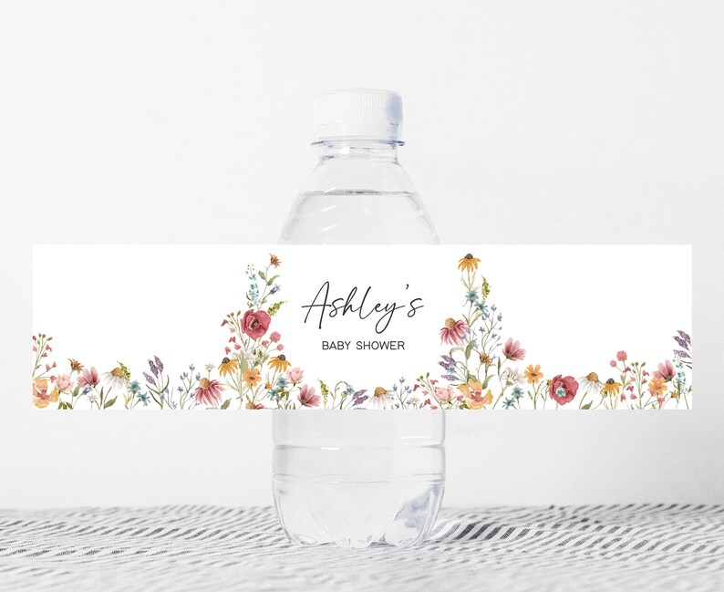 Editable Baby in Bloom Baby Shower Bottle Label, Boho Wildflower Baby Shower Water Labels, Spring Floral Baby Shower Bottle Stickers, 0627 image 1