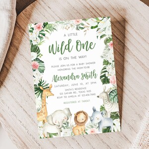 Bewerkbare groen safari babyshower uitnodiging, bloemen jungle babyshower uitnodiging, safari dieren wilde een babyshower uitnodiging, 0291 afbeelding 1