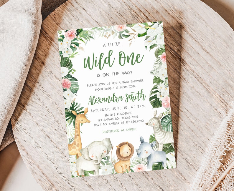 Bewerkbare groen safari babyshower uitnodiging, bloemen jungle babyshower uitnodiging, safari dieren wilde een babyshower uitnodiging, 0291 afbeelding 1