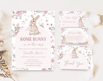Editable Some Bunny Baby Shower Invitation Bundle, Pink Floral Spring Baby Shower Invite Set, Spring Flower Girl Rabbit Baby Shower, 01025
