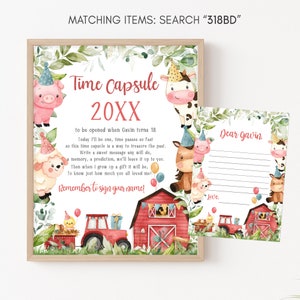 Editable Farm Birthday Time Capsule Sign, Boy Red Barnyard Birthday Time Capsule Card, Farm Animals First Birthday Party Sign Template 318BD